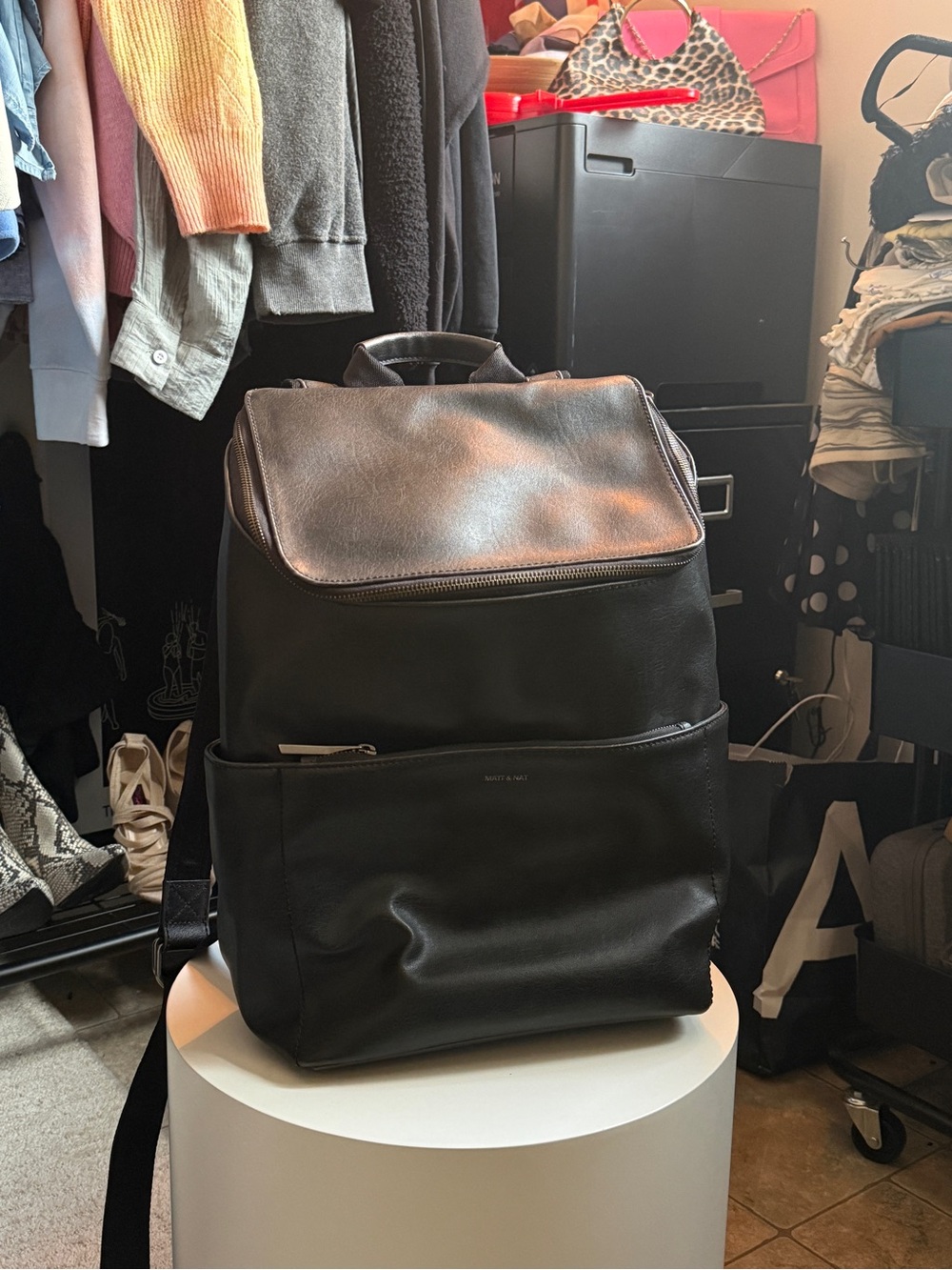 Matt & Nat Black Vegan Leather Backpack with Top Flap